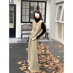 卡其色小香风马甲套装女秋季2025新款韩系气质感阔腿裤两件套