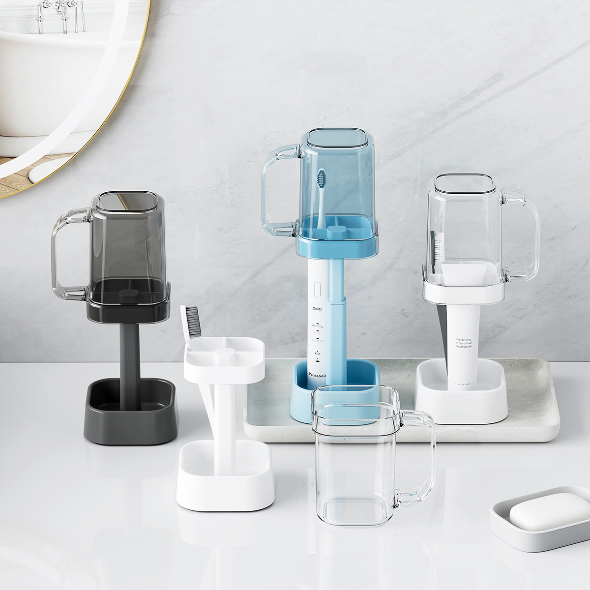 Toothbrush And Toothpaste Storage Holder With Mouthwash Cup Set_voghion.com
