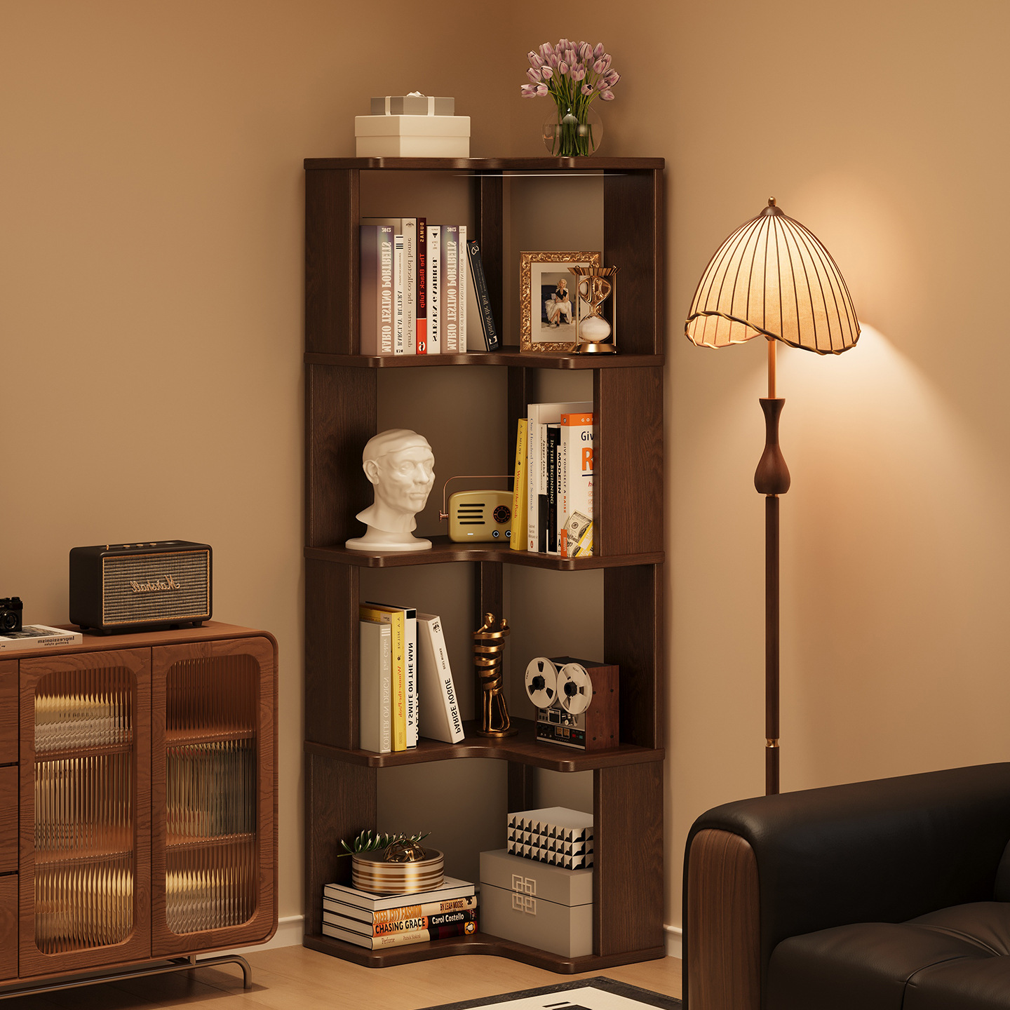 Estantería de esquina estante de piso de múltiples capas de gran capacidad estantería de pared sala de estar gabinete de esquina pequeño soporte de exhibición de almacenamiento de lectura