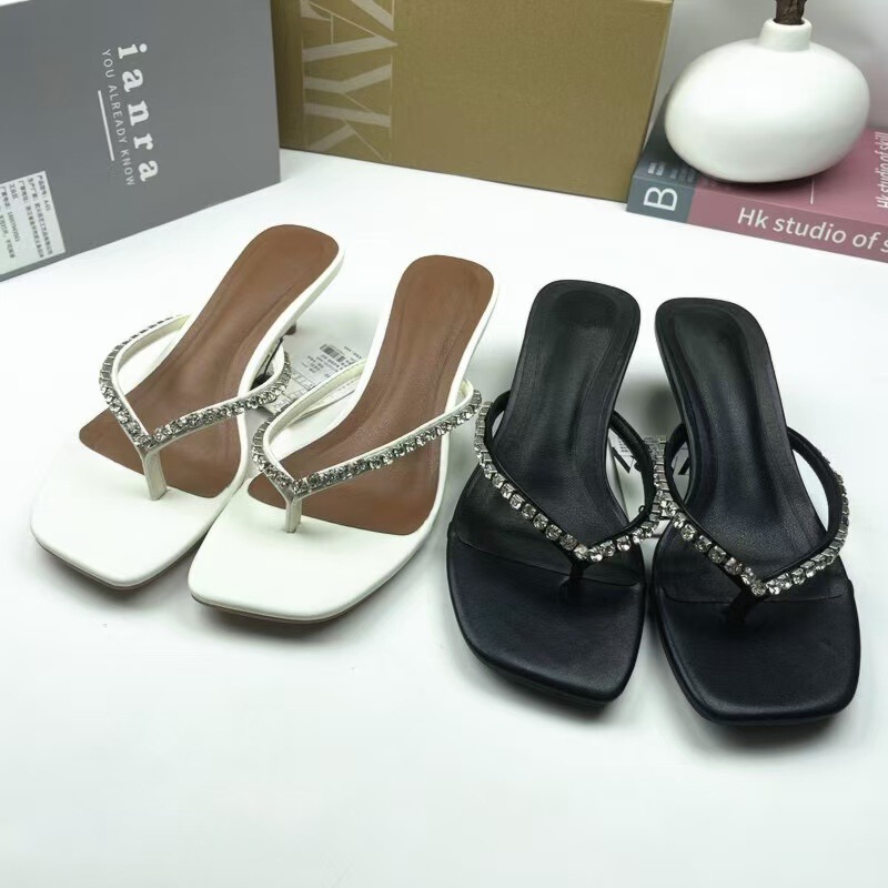 ZA2024 New Beaded Rhinestone High-heeled Flip-flops Simple Holiday Style Clip Toe Sandals Slides Thin-heeled Sandals for Women
