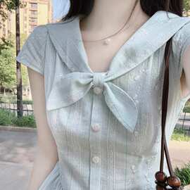 夏季绝美小裙子清冷贵气高级感大方得体独特漂亮掐腰蓝色连衣裙女