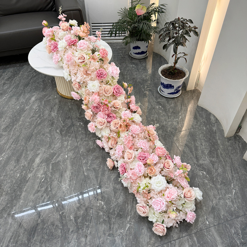 クロスボーダーバーガンディ結婚式の背景の壁の装飾花列アーチ花ウィンドウショールームテーブルフラワーロング列花偽ロングストリップ花|undefined