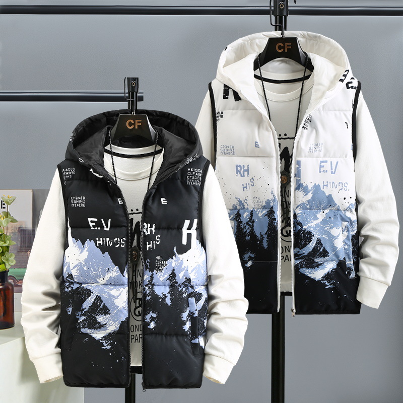 Down Vest Autumn and Winter New Men's Wear Short Coat on Both Sides Loose Hooded Popular Cotton Tank Top_voghion.com