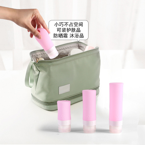 Silicone dispensing bottle for shampoo and shower gel. Silicone dispensing bottle set to store empty bottles for home and travel supplies.