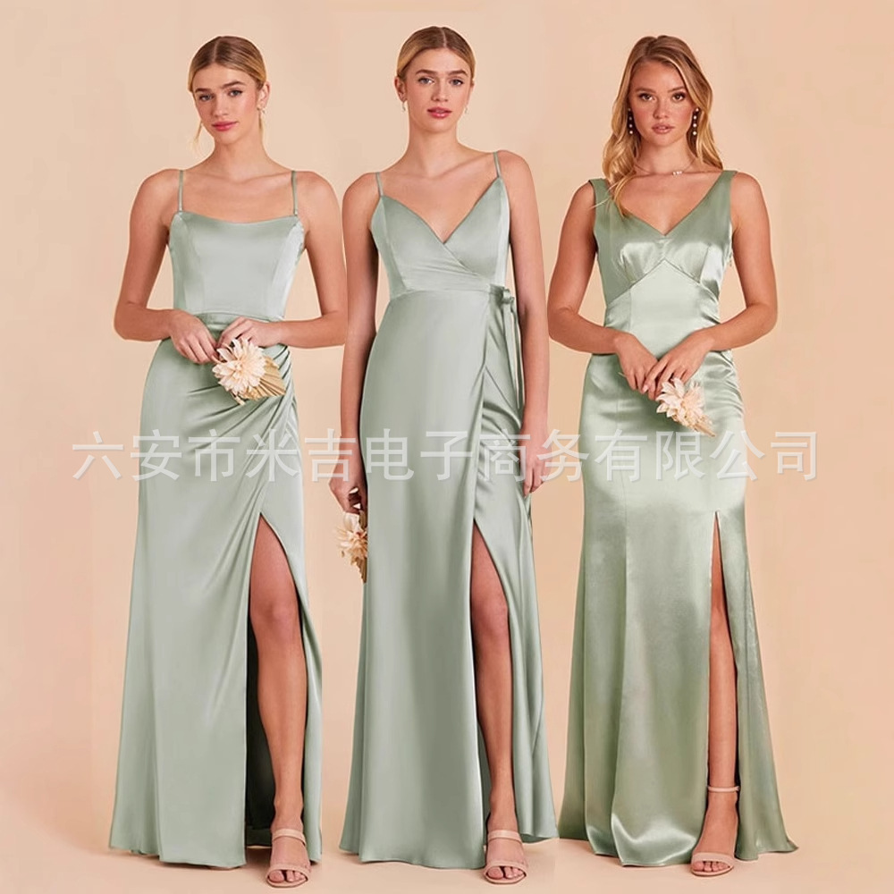 New Simple Bridesmaid Dress with Drape Design, Suitable for Everyday Wear, Niche Green Slimming Sister Group Dress for Autumn