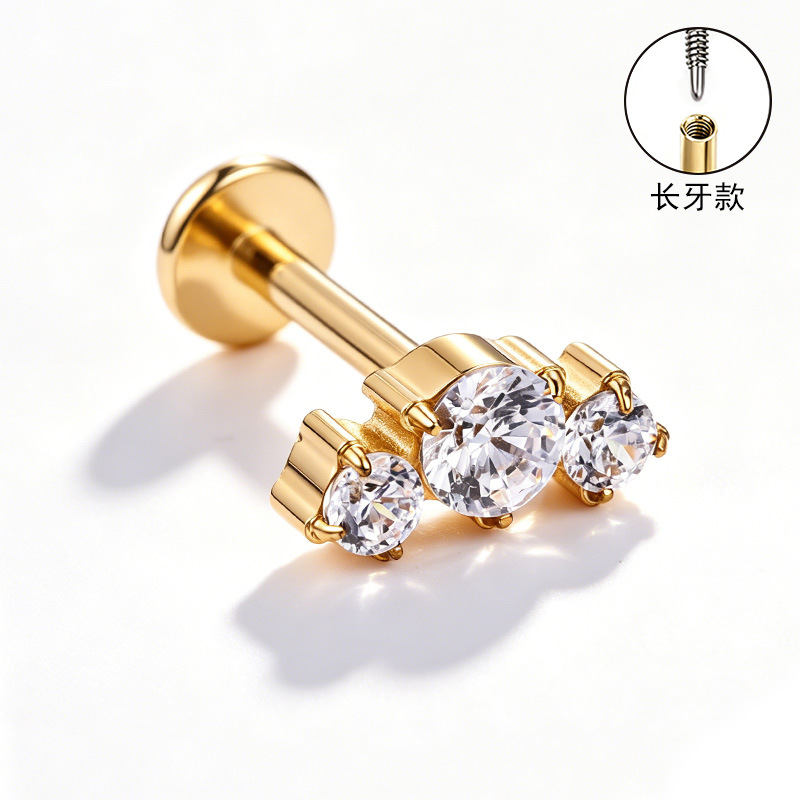 F136 Titanium Alloy Ear Studs – Finely Carved Long Tooth Ear Bone Studs with Zirconia, G23 Titanium Body Piercing Jewelry in Gold detail image 8