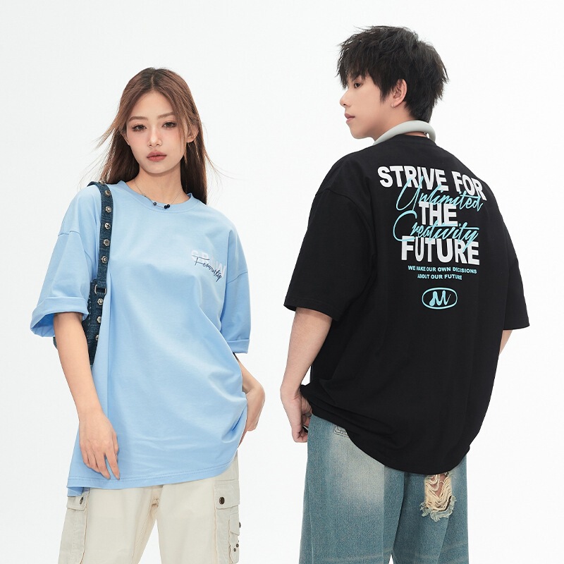 Men's Clothing, Short-Sleeved T-Shirt with Contrasting Letter Print on the Back, Unisex American High Street Casual Half-Sleeved T-Shirt Q Cotton