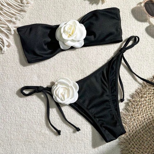 2024 European and American new solid color rose tube top drawstring strap pit strip split swimsuit swimsuit bikini bikini