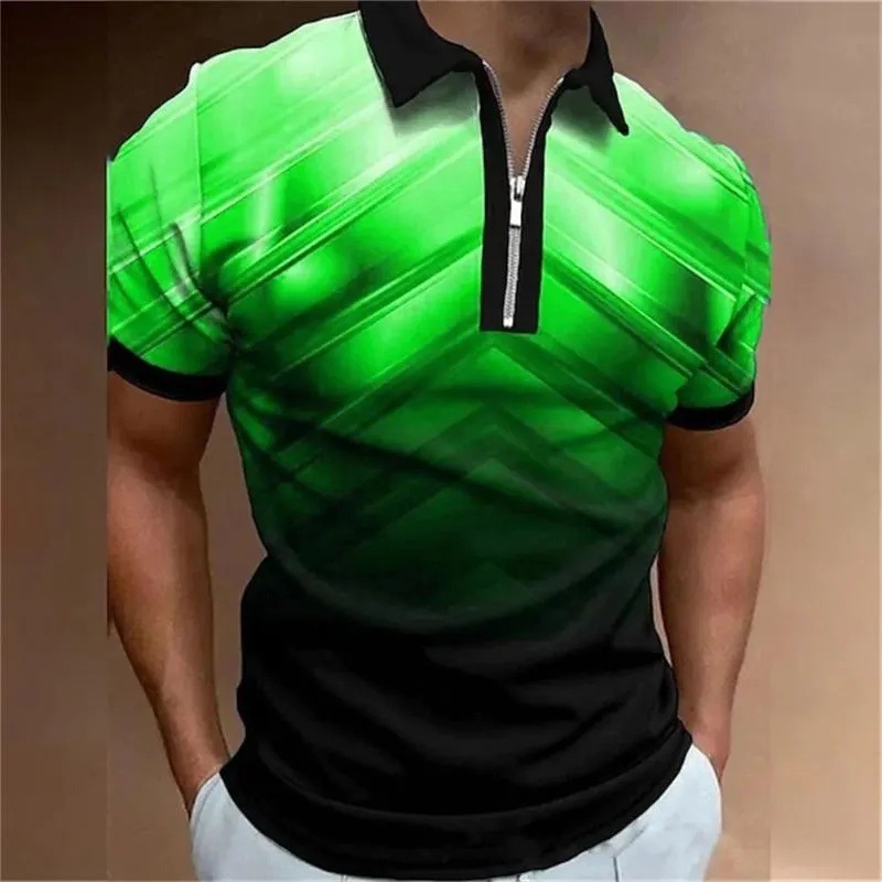 2024 venta caliente personalidad moda impresión 3D hombres verano calle suelta solapa manga corta cremallera camisa POLO