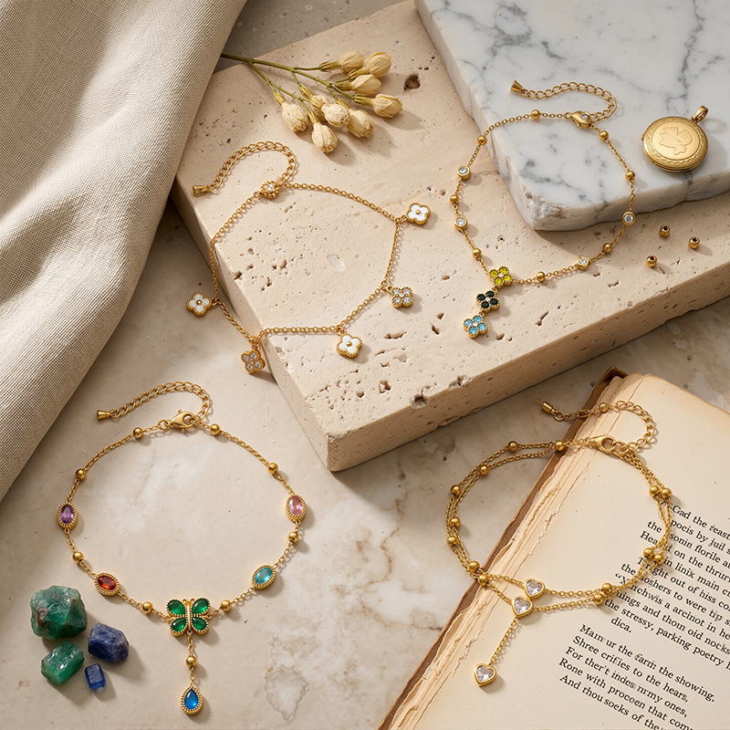 TENA Europa y América verano viento de playa afortunado diseño de cuatro hojas de zircón colorido ligero joyería de estilo de vacaciones de lujo mujer