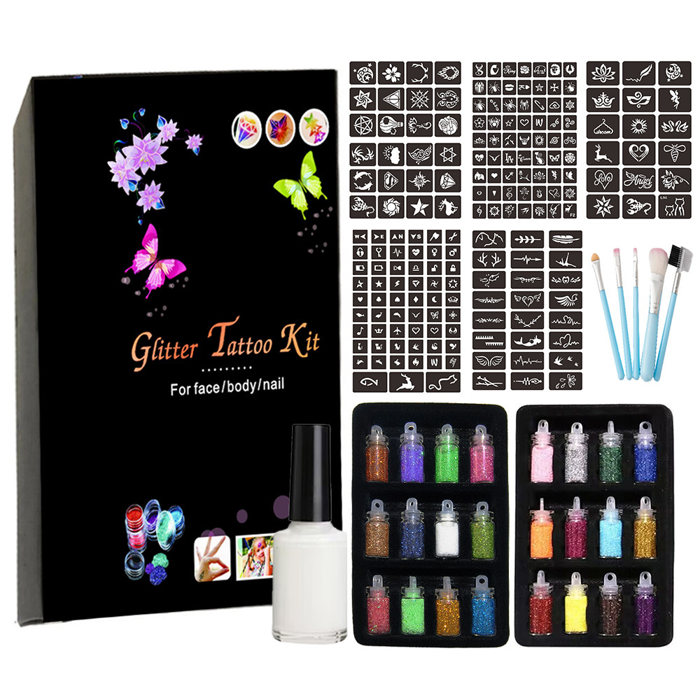 Nuevo traje de tatuaje de brillo de dibujos animados semipermanente pequeño tatuaje color plantilla etapa brillo maquillaje transfronterizo Venta caliente