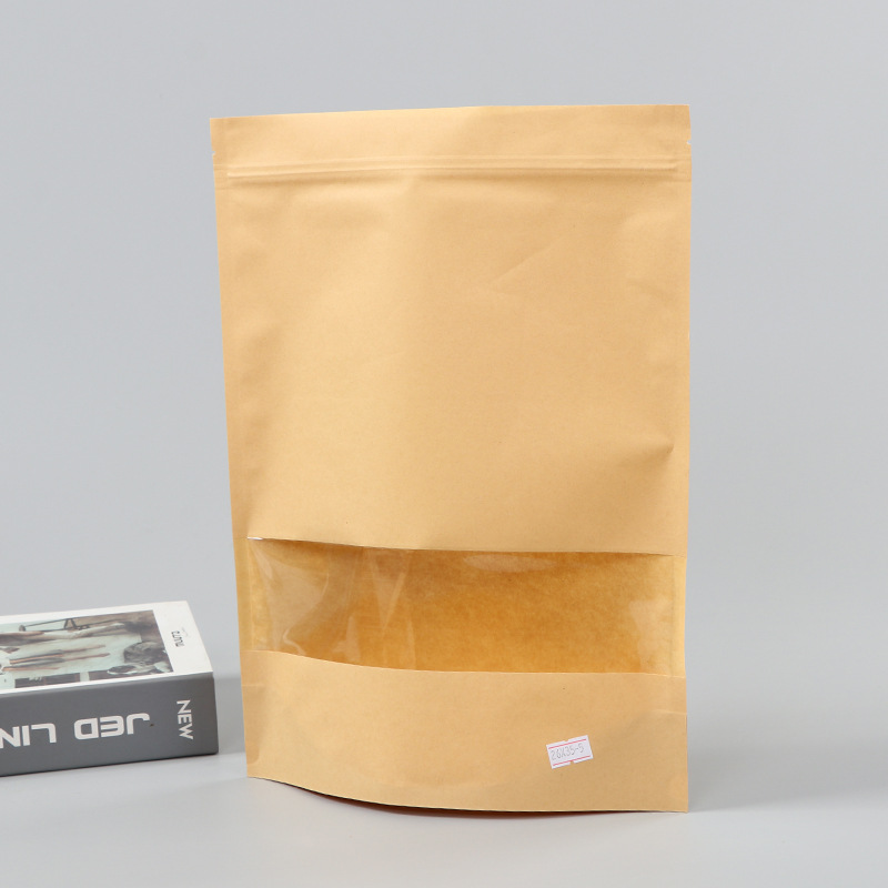 Spot bolsa de papel kraft con ventana transparente bolsa de embalaje de alimentos autosellada autoportante bolsa de té sellada de ocho lados fácil de rasgar
