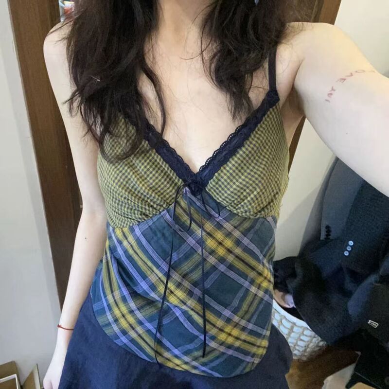 复古辣妹小众设计感V领吊带背心女春夏拼接蕾丝格纹上衣式连衣裙|undefined