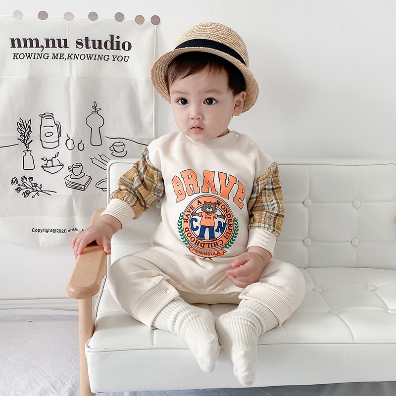 Cartoon Print Splicing Long-sleeved Baby One-piece Romper Wholesale Nihaojewelry display picture 6