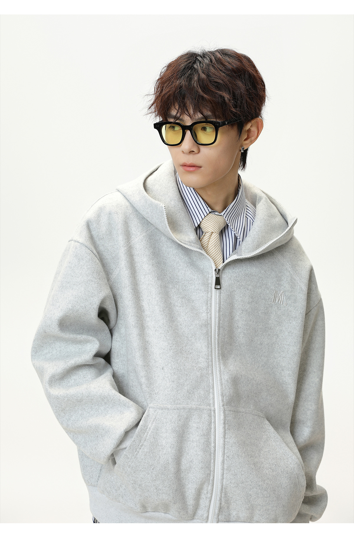 Monochrome Man- Heavy Woolen Hooded Sweatshirt Autumn Style American Retro Color-Block Zipper Cardigan Jacket Textured Thickened Hoodie_viptrois.com