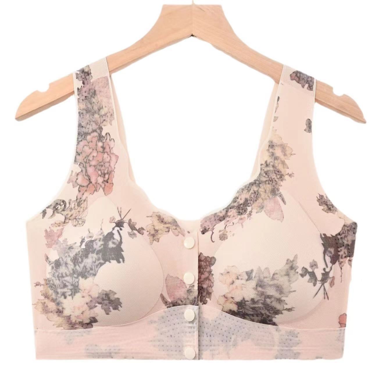 Mamá botón frontal impresa sin marca ropa interior suave sin anillo de acero se reúne para cerrar el pecho de verano delgado de espalda belleza sujetador mujer