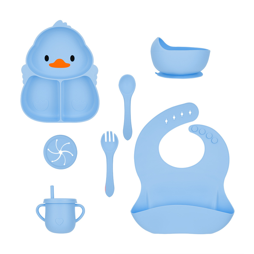 오리풍블루 디너접시 + 실리콘 포크 + 스푼 + 그릇 + 쌀주머니 + 컵 + 뚜껑 2개 8종세트