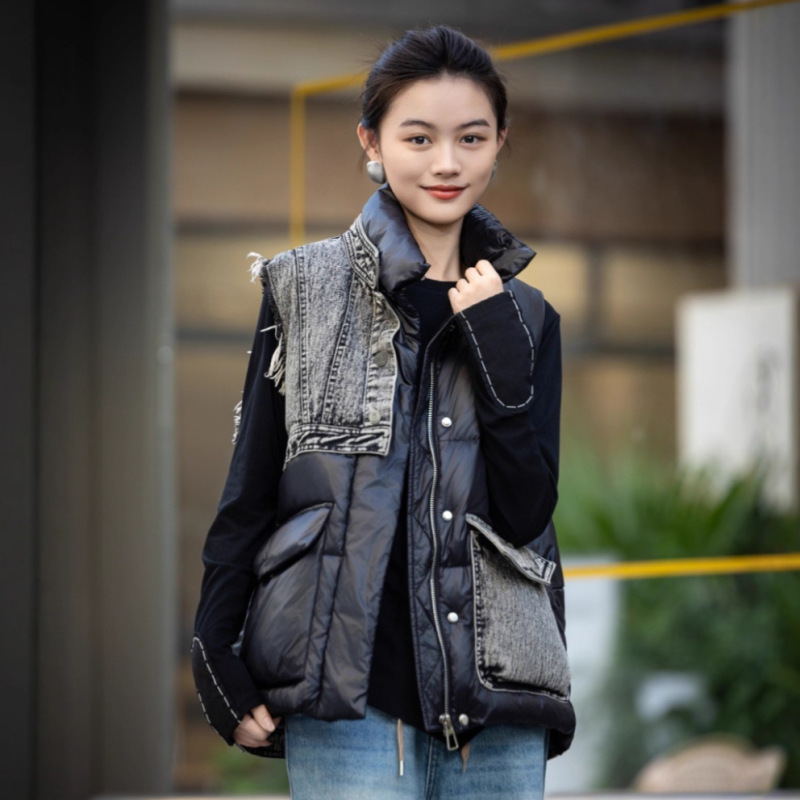 Korean Style Fashionable Large Size Denim Splicing Vest Winter New 90 Duck down down Jacket Couple Style Vest Jacket for Women