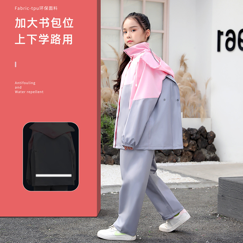Niños impermeable de los niños niñas estudiante impermeable pantalones de lluvia traje de ala grande mochila posición impermeable