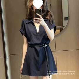设计感通勤撞色拼接假两件短袖连衣裙2026夏季新款显瘦淑女短裙潮