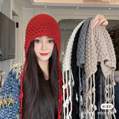 新款大头围毛线帽子女秋冬季学生护耳包头帽时尚保暖流苏针织帽
