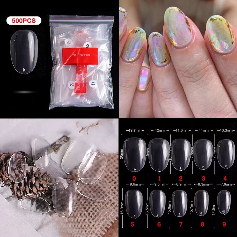 500 Pieces Bagged Manicure Nails, Round Almond Small Oval Transparent Natural Color Fake Nail Patches Wearable Nails W006