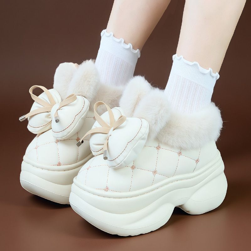 Cute and High-Looking Pu Fur Slippers, Relaxed New Style, Home-Feeling Waterproof Women's Bow Cotton Shoes for Young People