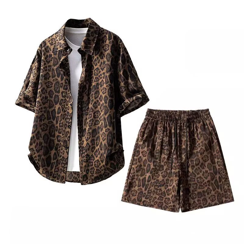 American Retro Leopard Print Suit Men's 2025 Summer Trendy Brand Loose Casual Short-Sleeved Shirt Five-Point Shorts Two-Piece Set