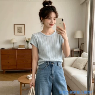 韩版夏季薄款圆领镂空好看衫针织新款修身短款时尚瘦短袖纯色上衣