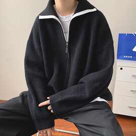 开衫毛衣外套男秋冬季潮流百搭港风纯色高领拉链新品衫上衣服男女