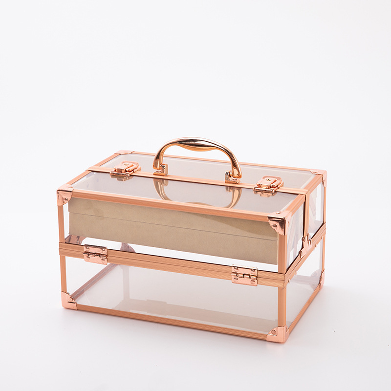 Fuente fabricante de maletas de aleación de aluminio impermeable caja de maquillaje acrílico transparente oro rosa caja de maquillaje acrílico