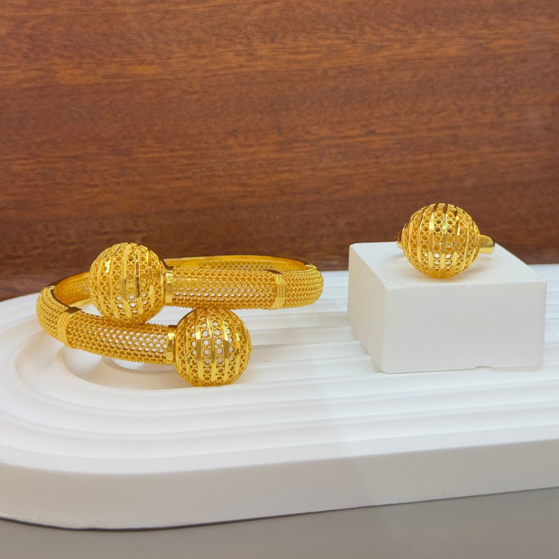 24K gold-plated hollow bead bracelet and ring set, vintage fresh style, mesh filigree, women's multi-style cross-border 24K gold-plated hollow bead bracelet and ring set, vintage fresh style, mesh filigree, women's multi-style cross-border