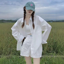 春秋季白色纯棉衬衫女学生外穿百搭内搭上衣宽松长袖中长款衬衣女