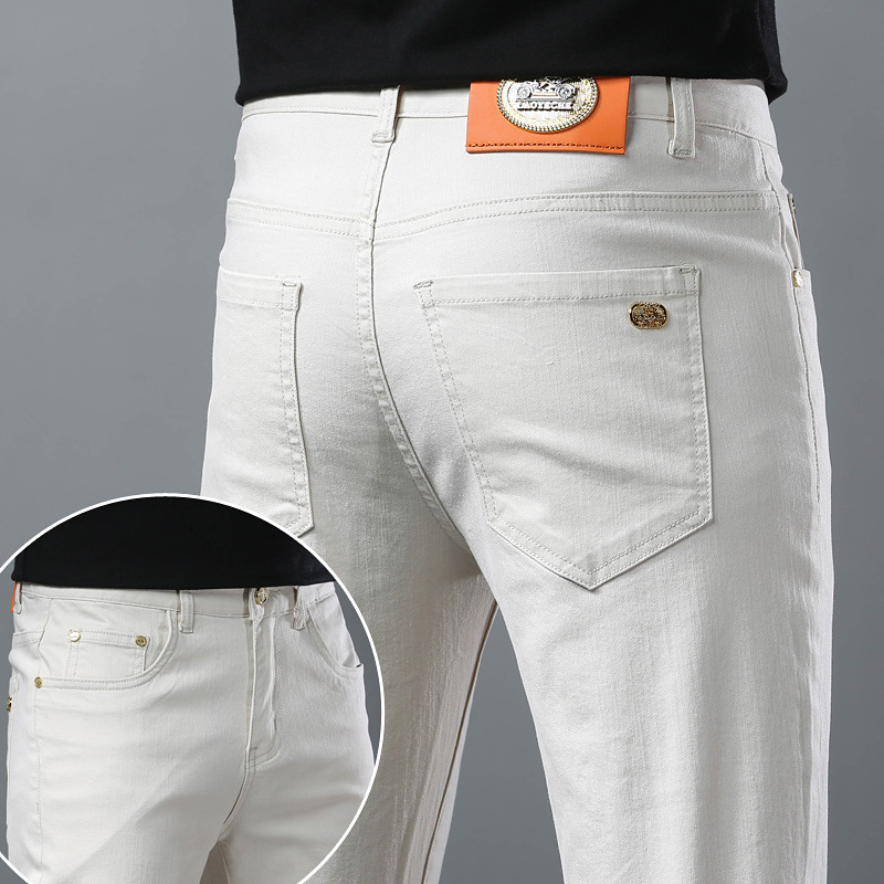 2023 spring and summer thin high-end European men's jeans youth slim fit small straight stretch cotton casual pants