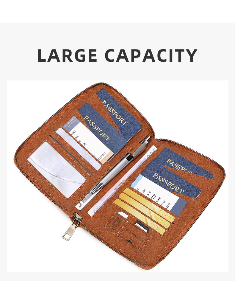 Cross-border new RFID anti-magnetic passport bag long zipper passport holder multifunctional travel ticket storage document bag
