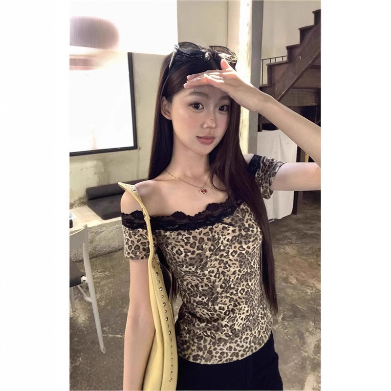 Fashion Lace American Wear Leopard Print off-shoulder Top Women's 2025 New Spice Girls Summer Short-sleeved T-shirt