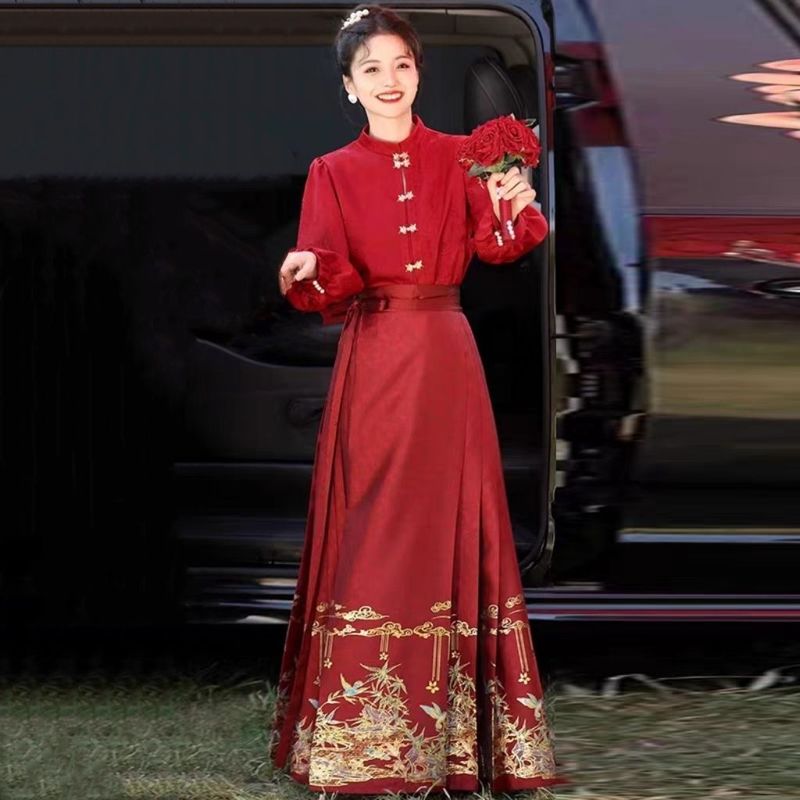 大码胖mm红色马面裙敬酒服秋冬加绒厚新娘中式订婚礼服套装200斤|undefined