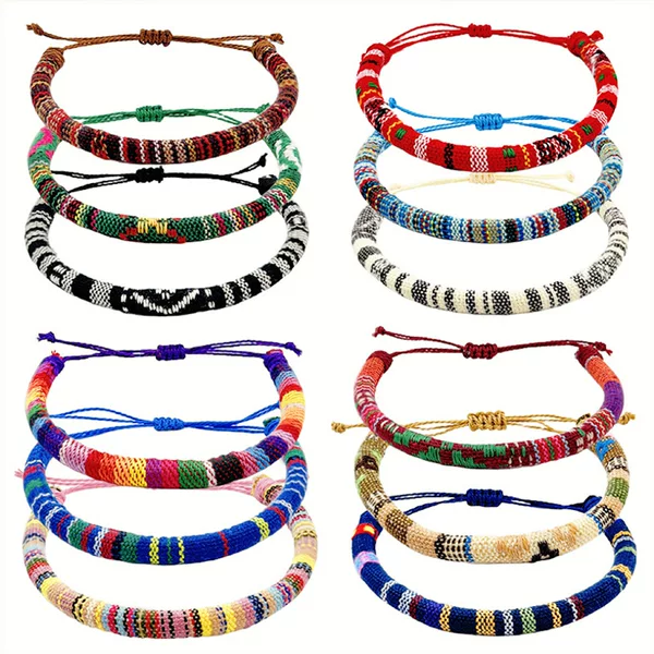European and American Popular Ethnic Style Small Multi-Color Mixed Cotton and Linen Fabric Thick Round Couple Friendship Hand-Woven Bracelets