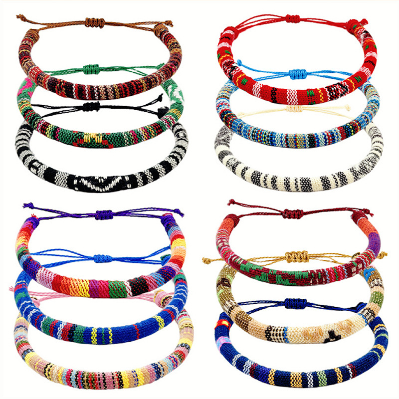 European and American Popular Ethnic Style Small Multi-Color Mixed Cotton and Linen Fabric Thick Round Couple Friendship Hand-Woven Bracelets
