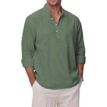 跨境外贸男装亚麻立领长袖T恤宽松休闲汗衫纯色长袖棉麻衬衫男