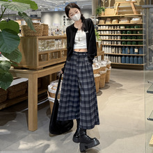 美式复古藏蓝色格子毛呢八分裤女新款宽松百搭阔腿高腰休闲裤