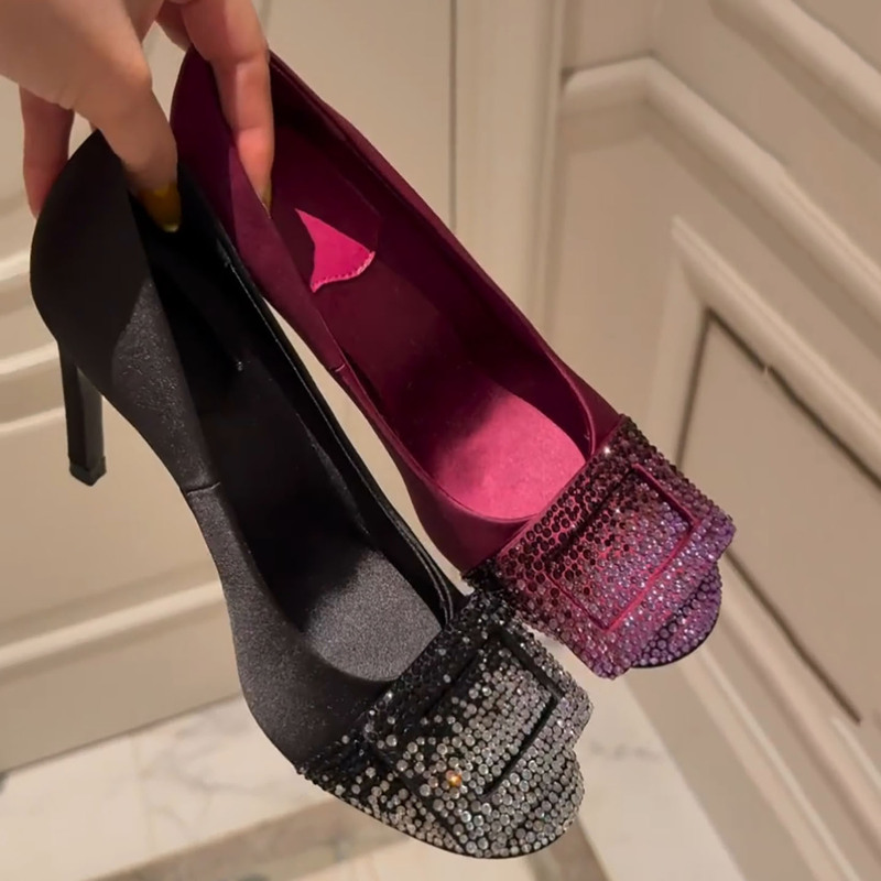 Gradient Rhinestone Square Buckle Stiletto High Heels for Women 2025 Autumn and Winter New Style Sexy and Elegant Round-Toe Shallow Mouth Commuter Shoes