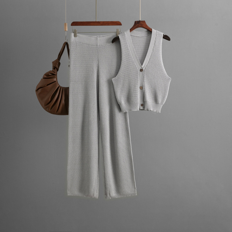 Fashionable Knitted Women Summer V neck Sleeveless Vest High Waist Straight Pants Two Piece Set
