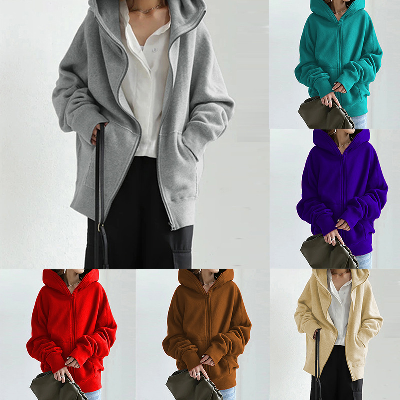 2023 New Solid Color Hooded Sweatshirt Long Sleeve Coat Women's Street Loose Zipper Top
