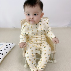 春秋款男女寶寶套裝檸檬印花打底衫高腰長褲兩件套韓家居服