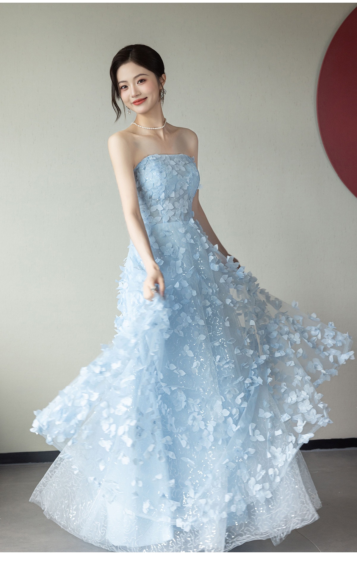 Đầm maxi nữ thắt eo dự tiệc cưới kiểu dáng thanh lịch — Xanh dương chi tiết 5