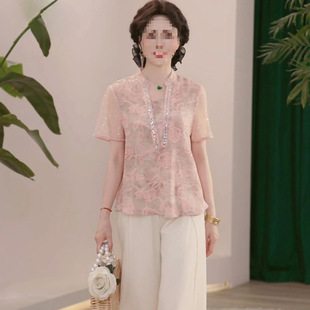 Mom's Summer Thin Shirt Suit, Fashionable Short-Sleeved T-Shirt Top, Middle-Aged and Elderly Women's Summer Shirt Two-Piece Set