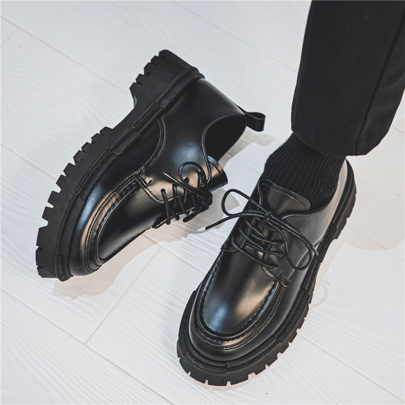 Men's Leather Shoes for Autumn, Business Formal, British Style, Versatile Casual Breathable Thick-Soled Height-Increasing Black Derby Shoes
