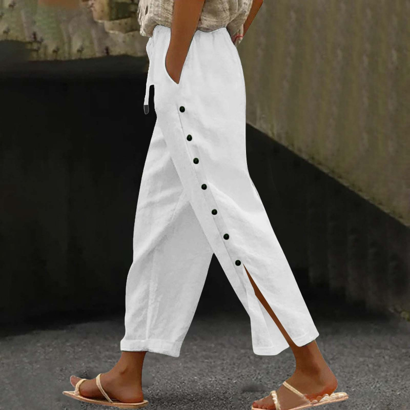 Women's Casual Side Button Open Wide-Leg Lazy Cotton-Linen Solid Color Casual Pants with Elastic Waist (Cropped Pants)