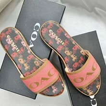 跨境外贸新款百搭刺绣字母拖鞋女夏外穿圆头一字平底拖鞋印花沙滩